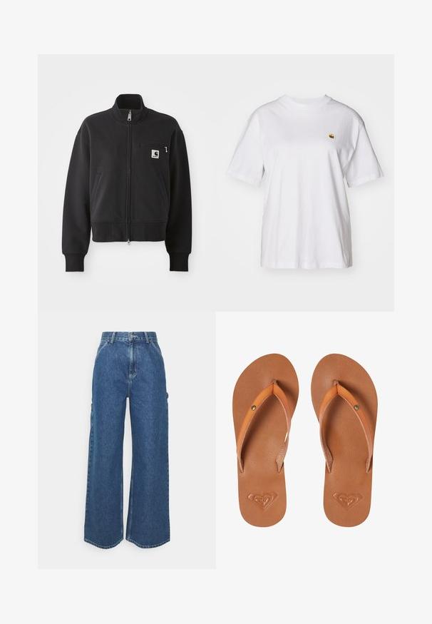 Fekete, cipzáros dzseki cropped szabásban, magas gallérral, elülső zsebekkel és kis mellzsebbel, amelyen logó található. Puha anyagú textúra.; Fehér pamut póló laza szabással, rövid ujjakkal és egy kis hímzett logóval a bal mellrészén.; Széles szárú, kék farmernadrág magas derékkal, kontrasztos varrással és oldalsó zsebekkel, klasszikus öt zsebes kialakítással és nyers szegéllyel.; Barna szintetikus flip-flop papucs, narancssárga pántokkal, textúrált felülettel és relief szívlogó mintázattal a talpon.