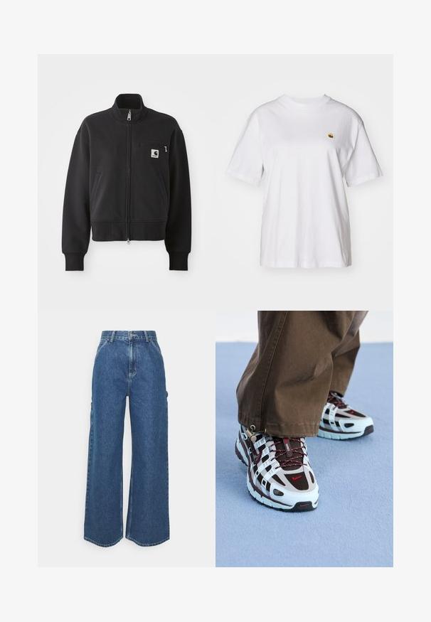 Mustmustriidi must jakk lühikese disainiga, kõrge kraega, esikottide ja väikese rinnataskuga, millel on logo aktsent. Pehme kanga tekstuur.; Valge puuvillane T-särk, millel on lõdva lõikega, lühikesed varrukad ja väike broderi logo vasakul rinnakarpi.; Laiene jalad sinised denim püksid kõrge vöökohaga, kontrastsete õmblustega ja küljetaskutega, klassikalise viie taskuga disainiga ja toore servaga.; Nike spordijalatsid, mis sisaldavad helesinist ja pruuni värvipaletti, võrkmaterjali ja kummist, kontrastsete punaste detailidega ja tekstuurse tallaga.