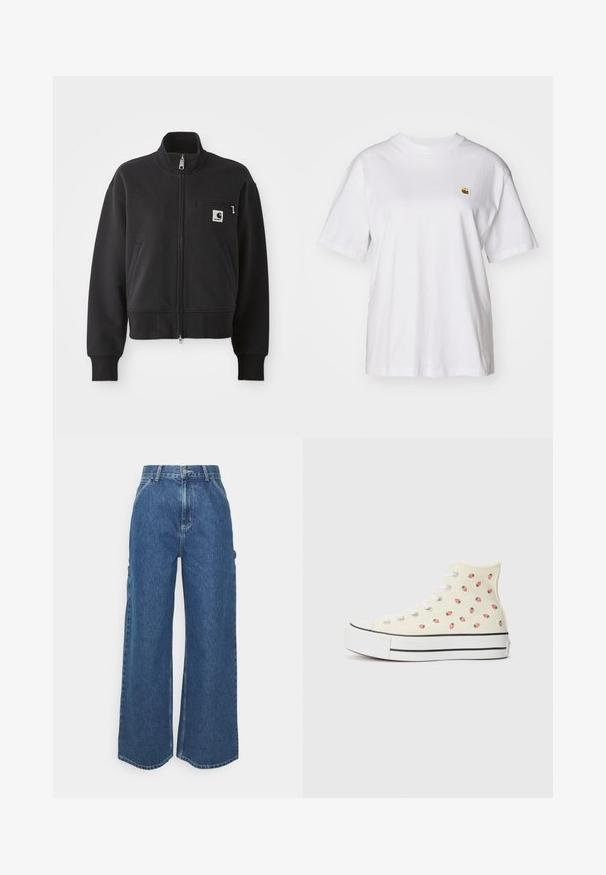 Crna zip-up jakna u skraćenom dizajnu, s visokim ovratnikom, prednjim džepovima i malim džepom na prsima s akcentom logotipa. Mekana tekstura tkanine.; Bijela pamučna majica s opuštenim krojem, kratkim rukavima i malim izvezenim logom na lijevoj strani prsnog dela.; Široke plave traperice s visokim strukom, kontrastnim šavovima i bočnim džepovima, s klasičnim dizajnom s pet džepova i sirovim rubovima.; Visoki tenisice od žutog platna s uzorkom malih crvenih jagoda, bijelim vezicama i bijelim potplatom s crnim prugama.