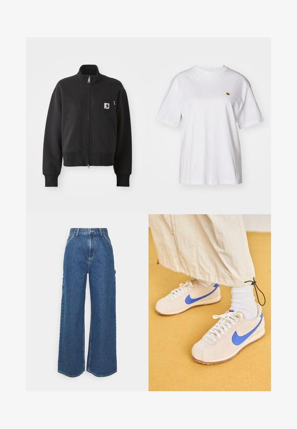 Fekete, cipzáros dzseki cropped szabásban, magas gallérral, elülső zsebekkel és kis mellzsebbel, amelyen logó található. Puha anyagú textúra.; Fehér pamut póló laza szabással, rövid ujjakkal és egy kis hímzett logóval a bal mellrészén.; Széles szárú, kék farmernadrág magas derékkal, kontrasztos varrással és oldalsó zsebekkel, klasszikus öt zsebes kialakítással és nyers szegéllyel.; Nike Sportswear CORTEZ VINTAGE SUEDE - Sportcipő - sanddrift/game royal/muslin/med brown/white