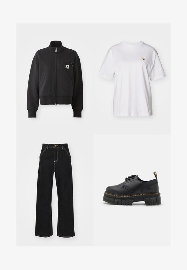 Črna zadrga jakna s skrajšano zasnovo, ki ima visok ovratnik, sprednje žepke in majhen žep na prsih z logotipom. Mehka tekstura tkanine.; Bela bombažna majica s sproščenim krojem, kratkimi rokavi in majhnim vezenim logotipom na levi strani prsnega predela.; Črne široke kavbojke iz denima, ki imajo kontrastne bele šive in sprednje gumbno zapiranje, ter dve nagnjeni sprednji žepi.; Črne usnjene čevlje z debelim, teksturiranim podplatom. Značilnosti vključujejo rumene šive, zaobljen nos in zanko za nošenje na peti.