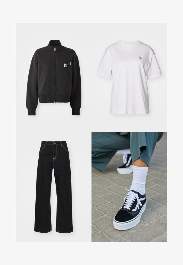 Black zip-up jacket in a cropped design, featuring a high collar, front pockets, and a small chest pocket with logo accent. Soft fabric texture.; White cotton t-shirt with a relaxed fit, short sleeves, and a small embroidered logo on the left chest area.; Black wide-leg jeans made of denim, featuring contrasting white stitching and a front button closure, with two angled front pockets.; Black suede sneaker with white accents and laces, featuring a thick white sole and contrasting stitching, paired with a white sock.