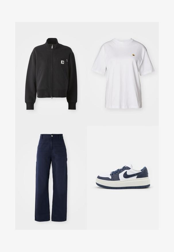 Chaqueta negra de cremallera en un diseño cropped, con un cuello alto, bolsillos frontales y un pequeño bolsillo en el pecho con un acento de logo. Textura de tela suave.; Camisa de algodón blanca con corte relajado, mangas cortas y un pequeño logotipo bordado en el área del pecho izquierdo.; Pantalones cargo de pierna ancha en azul marino, confeccionados con una tela de algodón resistente, que incluyen bolsillos laterales y cierre de botón en la cintura.; Zapatilla baja en blanco y azul marino con suela gruesa, logotipo de Nike, diseño con cordones y puntera perforada, vista lateral sobre fondo blanco.