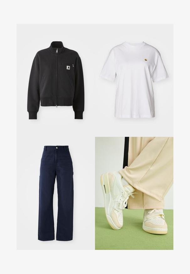 Svart zip-up jakke i en cropped design, med høy krage, frontlommer, og en liten brystlomme med logo-detalj. Myk tekstur.; Hvit bomulls t-skjorte med avslappet passform, korte ermer og en liten brodert logo på venstre brystområde.; Marineblå vide bukser med cargo-design laget av solid bomullsstoff, med sidelommer og knappelukking i midjen.; Hvite joggesko med semsket skinn detaljer, perforert design og justerbar stropp. Brukt sammen med beigefargede vide bukser mot en grønn overflate.