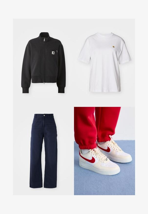 Mustmustriidi must jakk lühikese disainiga, kõrge kraega, esikottide ja väikese rinnataskuga, millel on logo aktsent. Pehme kanga tekstuur.; Valge puuvillane T-särk, millel on lõdva lõikega, lühikesed varrukad ja väike broderi logo vasakul rinnakarpi.; Tumed sinised laiad cargo püksid, valmistatud vastupidavast puuvillakangast, küljetaskute ja nup closure'iga vööl.; Nike Air Force 1 sneakers valge ja kreemi nahast, punaste aktsentide ja perforatsioonidega, asetatud tekstuursele sinisele pinnale.