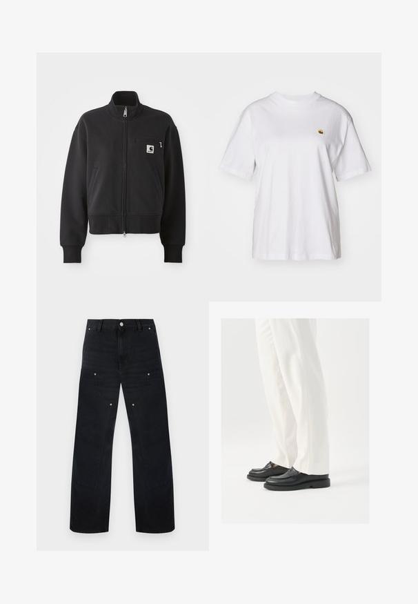 Melnā rāvējslēdzēja jaka īsā dizainā, ar augstu apkakli, priekšējiem kabatām un mazo krūšu kabatu ar logo akcentu. Mīkstas auduma tekstūra.; Balta kokvilnas T-kreklā ar brīvu piegriezumu, īsām piedurknēm un mazu izšūtu logotipu kreisajā krūtīs.; Melnas džinsa plata stila bikses ar pogas aizdari, vairākām kabatām un izliektām šuvju detaļām priekšpusē un sānos.; Melni ādas loafers ar gludu tekstūru, šuvju detaļām un apaļu pirkstu daļu, apvienoti ar baltām pielāgotām biksēm.
