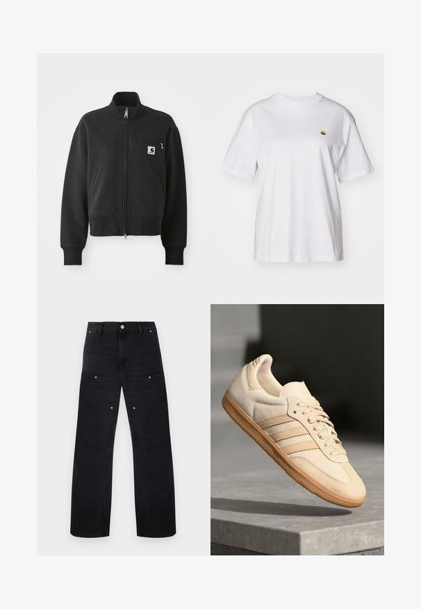 Veste zippée noire au design court, dotée d'un col haut, de poches avant et d'une petite poche poitrine avec un accent de logo. Texture de tissu douce.; T-shirt en coton blanc avec une coupe décontractée, des manches courtes et un petit logo brodé sur la poitrine gauche.; Pantalon large en denim noir avec fermeture à boutons, plusieurs poches et détails de coutures incurvées à l'avant et sur les côtés.; Sneaker en suède beige clair avec semelle en gomme, trois rayures diagonales et un capuchon de pied texturé. Logo sur la languette et sur le côté.