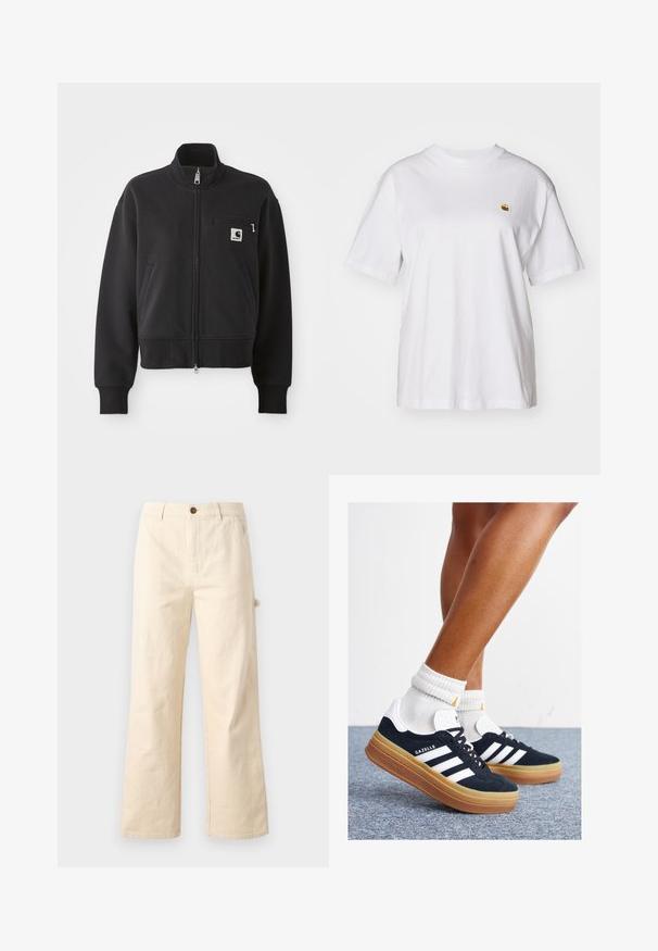 Čierna sako na zips v skrátenom strihu, s vysokým golierom, prednými vreckami a malým vreckom na prsiach s logom. Mäkká tkanina.; Biely bavlnený tričko s voľným strihom, krátkymi rukávmi a malým vyšitým logom na ľavej strane hrude.; Béžové široké nohavice vyrobené z bavlny s gombíkovým zapínaním, ktoré majú bočné vrecká a čistý, minimalistický dizajn.; Čierne semišové tenisky s bielymi pruhmi a detailmi, so zaoblenou špičkou, podrážkou z gumovej gumy, doplnené bielymi rebrovanými ponožkami.