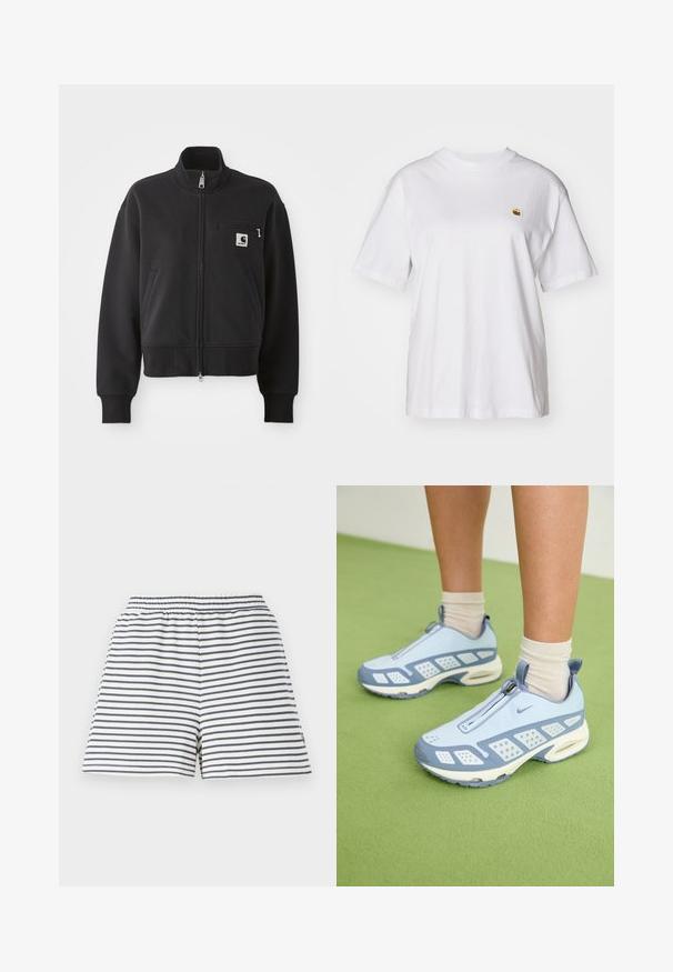 Black zip-up jacket in a cropped design, featuring a high collar, front pockets, and a small chest pocket with logo accent. Soft fabric texture.; White cotton t-shirt with a relaxed fit, short sleeves, and a small embroidered logo on the left chest area.; Striped shorts featuring a white and navy color scheme, elastic waistband, soft cotton material, and a relaxed fit.; Light blue athletic shoes with white accents, textured panels, and a zip closure. Features a visible air cushioning sole and rubber outsole.