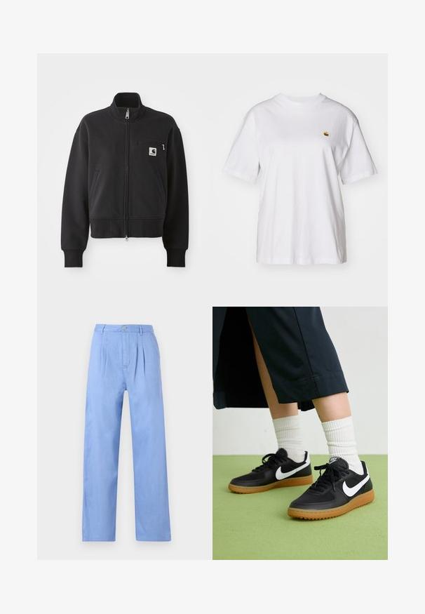 Schwarze, cropped Zip-Jacke mit hohem Kragen, Vorderentaschen und einer kleinen Brusttasche mit Logo-Akzent. Weicher Stoff.; Weißes Baumwoll-T-Shirt mit lockerem Schnitt, kurzen Ärmeln und einem kleinen gestickten Logo auf der linken Brustseite.; Helle blaue Leinenhose mit gefaltetem Bund, hoher Taille und geradem Bein. Verfügt über einen Knopfverschluss am Bund.; Schwarze Leder- und synthetische Sneakers mit weißem Nike-Swoosh, Gummisohle, runder Spitze und schwarzen Schnürsenkeln. Gestreifte weiße Socken sind sichtbar.