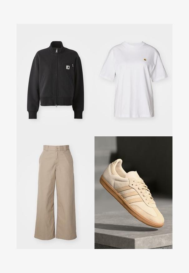 Zwarte zip-up jas in een cropped design, met een hoge kraag, voorzakken en een klein borstzakje met logo-accent. Zachte stoftextuur.; Witte katoenen t-shirt met een relaxte pasvorm, korte mouwen en een klein geborduurd logo op de linkerborst.; Beige wijde broek gemaakt van een katoenmix, met een hoge taille, gestructureerd ontwerp en voorzakken.; Lichtbeige suède sneaker met een gumrubberen buitenzool, drie diagonale strepen en een textuur op de neus. Voorzien van een logo op de tong en de zijkant.