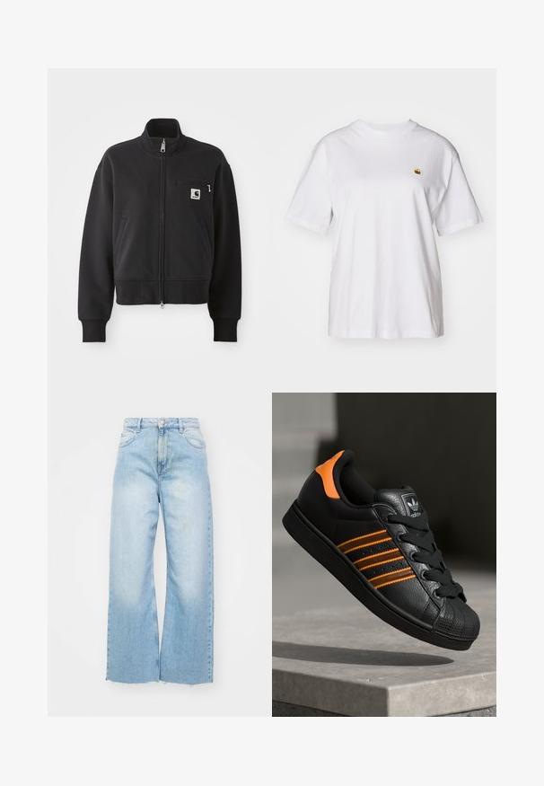 Jaqueta preta com fecho zip em design cropped, apresentando um colarinho alto, bolsos frontais e um pequeno bolso no peito com detalhe de logo. Textura de tecido macio.; T-shirt branca de algodão com um corte descontraído, mangas curtas e um pequeno logótipo bordado na área do peito esquerdo.; Jeans de perna larga em azul claro, feitos de denim, com uma cintura alta, detalhes de desvanecimento, fecho de botão e bainha desfiada na parte inferior.; Sapatilha preta com detalhes laranja, três riscas horizontais, parte superior em couro texturizado, bico de borracha e atacadores pretos.