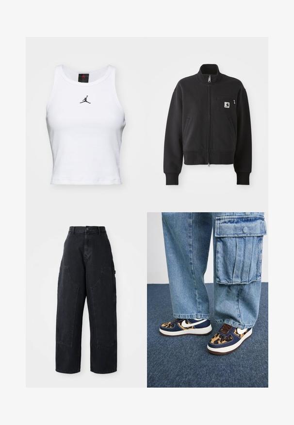 Black zip-up jacket in a cropped design, featuring a high collar, front pockets, and a small chest pocket with logo accent. Soft fabric texture.; White crop tank top made of cotton with a ribbed texture. Features a black Jordan logo at the center and a classic crew neckline.; Black denim wide-leg cargo pants with a high waist, two large front pockets, and a button closure at the waist. Smooth texture, casual design.; Navy blue sneakers with leopard print accents, white Nike swoosh, brown laces, and white midsole. Paired with light denim cargo pants.