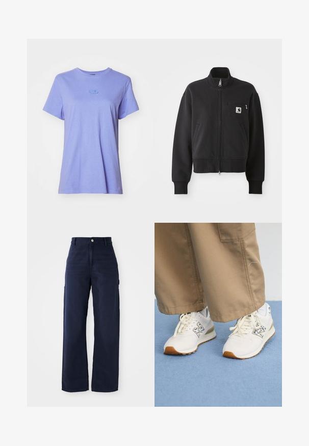 Čierna sako na zips v skrátenom strihu, s vysokým golierom, prednými vreckami a malým vreckom na prsiach s logom. Mäkká tkanina.; Svetlofialové bavlnené tričko s klasickým okrúhlym výstrihom, krátkymi rukávmi a vyšívaným logom na ľavej hrudi. Mäkkučká, hladká textúra.; Námornícke modré široké cargo nohavice zo silnej bavlny, s bočnými vreckami a zapínaním na gombík v páse.; Biele športové topánky s textúrovanou béžovou gumovou podrážkou. Majú modrý zvierací vzor ako akcent a ploché béžové šnúrky, skombinované s pieskovými nohavicami.