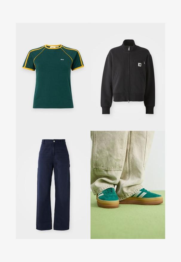 Μαύρο τζάκετ με φερμουάρ σε cropped σχέδιο, με ψηλό γιακά, μπροστινές τσέπες και μια μικρή τσέπη στο στήθος με λογότυπο. Μαλακή υφή υφάσματος.; Πράσινο βαμβακερό μπλουζάκι με κίτρινες λεπτομέρειες στον γιακά και στα μανίκια, με ένα μικρό λευκό λογότυπο στο στήθος και κλασικό σχέδιο με στρογγυλή λαιμόκοψη.; Ναυτικό μπλε παντελόνια cargo με φαρδιά πόδια από ανθεκτικό βαμβακερό ύφασμα, διαθέτοντας πλαϊνές τσέπες και κουμπί κλεισίματος στη μέση.; Πράσινα σουέτ αθλητικά παπούτσια με λευκές ρίγες και καφέ ελαστική σόλα. Πιο φαρδιά εφαρμογή, με ελαφρώς ανασηκωμένη σόλα, συνδυασμένα με ανοιχτό μπεζ παντελόνι φαρδιάς γραμμής.