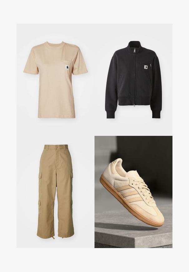 Črna zadrga jakna s skrajšano zasnovo, ki ima visok ovratnik, sprednje žepke in majhen žep na prsih z logotipom. Mehka tekstura tkanine.; Bež majica iz bombaža s okruglim izrezom, kratkimi rokavi in žepom na prsih, ki vsebuje majhen logotip. Gladka tekstura in preprost dizajn.; Bežne cargo hlače z visokim pasom, širokimi nogami in štirimi velikimi stranskimi žepi. Narejene so iz trpežnega materiala z gladko teksturo in minimalnimi detajli.; Svetlo bež semišni športni copat z gumijastim podplatom, trije poševni trakovi in teksturiran zaščitni del. Vsebuje logotip na ježku in strani.