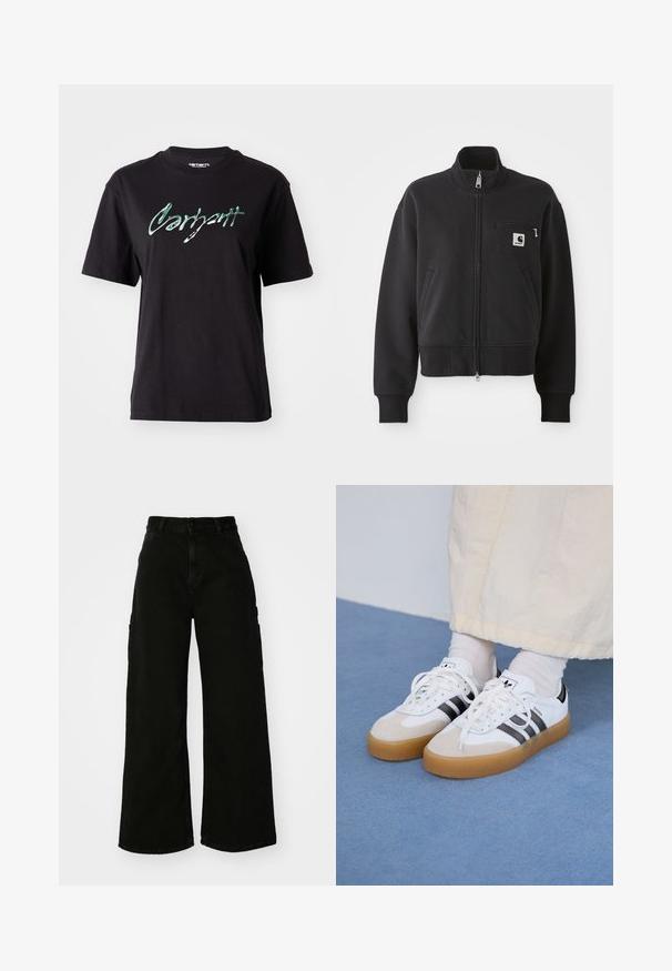 Čierna sako na zips v skrátenom strihu, s vysokým golierom, prednými vreckami a malým vreckom na prsiach s logom. Mäkká tkanina.; Čierne bavlnené tričko s krátkymi rukávmi, s lesklou zelenou potlačou textu "Carhartt" cez hruď. Klasický okrúhly výstrih.; Čierne cargo nohavice s širokými nohavicami vyrobené z denimu, so zvýšeným pásom, predným zapínaním na gombík a bočnými vreckami. Hladký povrch s minimálnym šitím.; Biele tenisky s čiernymi pruhmi a béžovými semišovými detailmi. Majú textúrovanú gumovú podrážku a ploché biele šnúrky, kombinované s svetlými ponožkami.