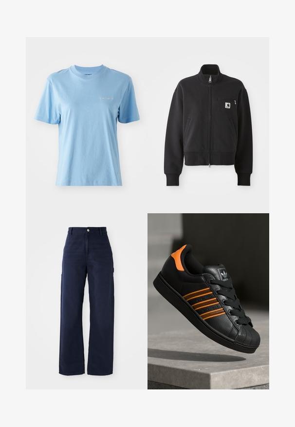 Sort zip-up jakke i en cropped design, med høj krave, frontlommer og en lille brystlomme med logoaccent. Blød stoftekstur.; Kortærmet T-shirt med rund hals, lavet af blødt bomuld i lys blå, med et lille hvidt Carhartt-logo på brystet. Glat tekstur.; Mørkeblåvidde cargo bukser fremstillet af et robust bomuldsstof, der har sidelommer og en knaplukning i taljen.; Sort sneakers med orange detaljer, tre vandrette striber, tekstureret læderoverdel, gummikappe og sorte snørebånd.