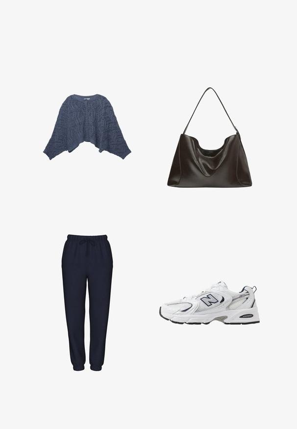 Gebreide cardigan in donkerblauw met een open voorkant, kantpatroon en brede mouwen. Vijf knopen aan de voorkant verfraaien het ontwerp.; Langetermijnblouse van donkerbruin gekreukt stof. Heeft een hoge kraag met een strikdetail en manchetrokken mouwen. Gladd, lichtgewicht textuur.; Navyblauwe joggingbroek gemaakt van zachte stof, met een elastische tailleband met een trekkoord en aangesloten boorden bij de enkels.; Witte sport schoen met mesh bovenkant, marineblauwe accenten en een gehoorzaamde zool. Bevat het "N" logo, veters en een gestructureerde detail aan de zijkant.; Grote donkerbruine leren tas met een gladde textuur, slouchy vorm en een enkele schouderband. Heeft een gebogen bovenopening.