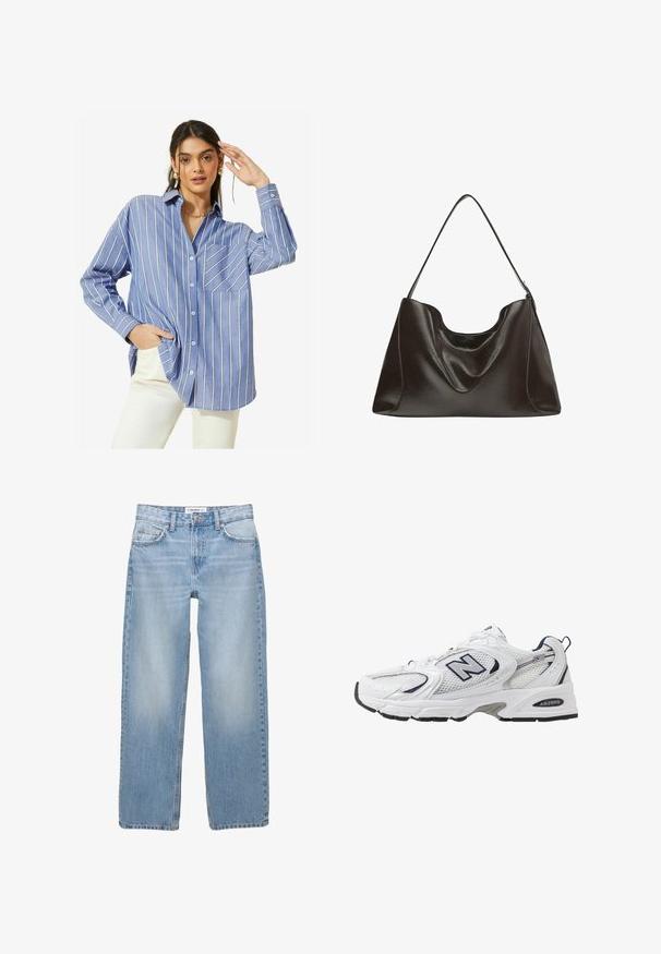 Knitted cardigan in dark blue featuring an open front, lace pattern, and wide sleeves. Five buttons at the front enhance the design.; Friends Like These LONG SLEEVE BUTTON THROUGH - Button-down blouse - blue stripe; Light blue denim jeans with a straight-leg design, five-pocket style, and visible stitching details. The fabric has a soft, slightly faded texture.; White athletic shoe with mesh upper, navy accents, and cushioned sole. Features "N" logo, laces, and textured detail on side.; Large dark brown leather bag with a smooth texture, slouchy shape, and a single shoulder strap. Features a curved top opening.