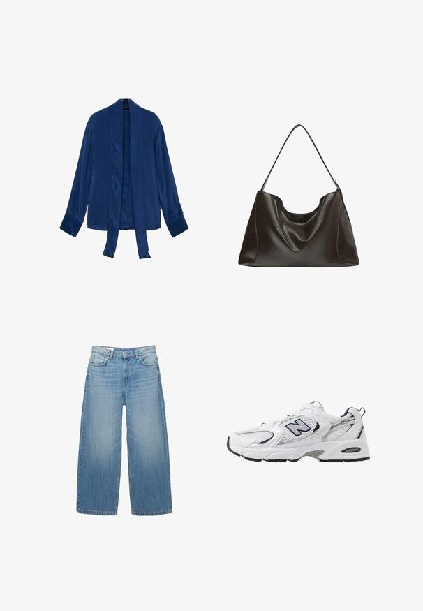 Kudottu villatakki tummansinisessä värissä, avoimella etuosalla, pitsikuvioilla ja leveillä hihoilla. Etuosassa viisi nappia parantaa muotoilua.; Navy blue satiinikimonojakku, jossa on pitkät hihat, avonainen etuosa ja solmimisliClosure. Sujuva rakenne ja yksinkertainen muotoilu ilman koristeita.; Vaaleansinisiä leveälahkeisia farkkuja, joissa on klassinen viisipesäinenn tyyli ja nappikiinnitys. Haalistunut pinta kauttaaltaan.; Valkoinen urheilushoe, jossa on verkkomateriaali päällä, laivastonsiniset yksityiskohdat ja pehmeä pohja. Varustettu "N"-logolla, nauhoilla ja teksturoidulla yksityiskohdalla sivussa.; Suuri tumma ruskea nahkainen laukku, jossa on sileä pinta, löysä muoto ja yksi olkahihna. Ominaisuutena kaareva yläaukko.