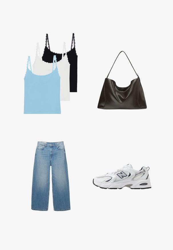 Pleteni kardigan u tamnoplavoj boji s otvorenim prednjim dijelom, čipkastim uzorkom i širokim rukavima. Pet dugmadi sprijeda dodatno oplemenjuje dizajn.; Trii majice na bretele s čipkastim obrubima: jedna svijetloplava, jedna bijela i jedna crna. Izrađene su od mekog materijala s prianjajućim oblikom.; Svijetloplave široke traperice izrađene od denima, s klasičnim dizajnom pet džepova i zatvaranjem na gumb. Ispucala textura cijelim površinom.; Bijela atletska cipela s mrežastim gornjim dijelom, mornarskim akcentima i podstavljenim potplatom. Sadrži "N" logo, vezice i teksturirani detalj sa strane.; Velika tamnosmeđa kožna torba s glatkom teksturom, opuštenog oblika i jednim remenom za nositi na ramenu. Ima zakrivljen gornji otvor.