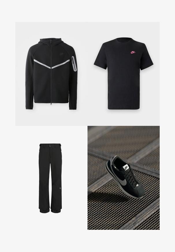 Sweatshirt preto com fecho de correr, apresentando uma faixa refletora no peito, capuz ajustável e um bolso lateral com fecho de zipper.; T-shirt de algodão preto com decote redondo e mangas curtas. Apresenta um logótipo da Nike rosa no lado superior esquerdo. Textura suave.; Calças de esqui pretas feitas de tecido impermeável com um corte descontraído. As características incluem bolsos com zíper e punhos ajustáveis para um ajuste seguro.; Sapatilha Nike preta com accents cinzentos, materiais em camurça e rede, sola texturizada, formato estreito e design clássico de atacadores.