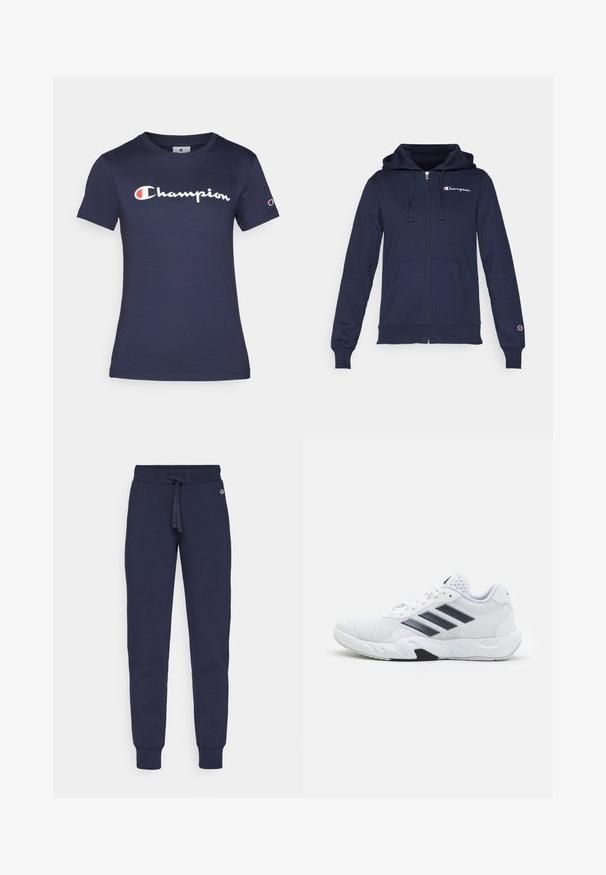 Tumši zila uzvelkama maka made no mīkstas auduma, ar kanguru kabatu, aukliņu kapuci un izšūtu logo uz krūtīm.; Jūras zilas kokvilnas t-krekls ar īsām piedurknēm, uz kura redzams balts "Champion" logos. Parastā piegriezte, ar apaļu kakla izgriezumu un mīkstu tekstūru.; Tumši zili treniņbikses, kas izgatavotas no mīksta materiāla, ar auklu viduklī, sašaurinātām kājām un ribotām piedurknēm. Neliela logotipa detaļa gurnā.; Baltā sporta apavi ar sietu augšdaļu, trīs melnām svītrām sānos, teksturētām akcentiem un izturīgu gumijas zoli ar kontrastējošu melnu daļu.