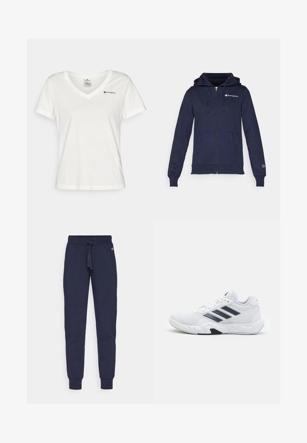 Sweatshirt com fecho éclair na cor azul-marinho, feito de tecido suave, apresentando um bolso canguru, capuz com cordão e logótipo bordado no peito.; Camiseta de algodão branca com um design de decote em V e mangas curtas. Apresenta um pequeno logótipo da Champion em vermelho e preto na área do peito esquerdo.; Calças de treino azul marinho feitas de material suave, com cintura ajustável por cordão, pernas ajustadas e punhos canelados. Pequeno logotipo na região do quadril.; Tênis atlético branco com parte superior em malha, três listras pretas de cada lado, detalhes texturizados e uma sola de borracha resistente com uma seção preta contrastante.