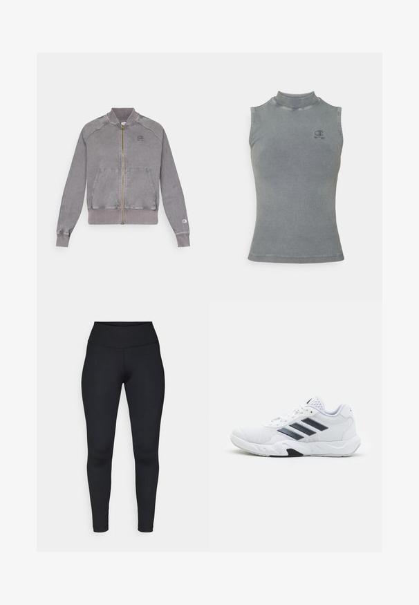 Szürke cipzáras dzseki bordázott mandzsettákkal és hem eljárással, két elülső zsebbel és egy kis logóval a mellrészen. Texturált anyag megkopott felülettel.; Szürke bordás ujjatlan póló magas nyakkivágással. Az elején egy kis hímzett logó található, és testhezálló szabású.; Fekete leggings rugalmas anyagból, magas derékkal, sima textúrával és tiszta varrásokkal, látható minták vagy fém alkatrészek nélkül.; Fehér sportcipő, hálós felsőrésszel, az oldalon három fekete csíkkal, textúrázott részletekkel és egy tartós gumi talppal, amelynek ellentétes fekete szakasza van.