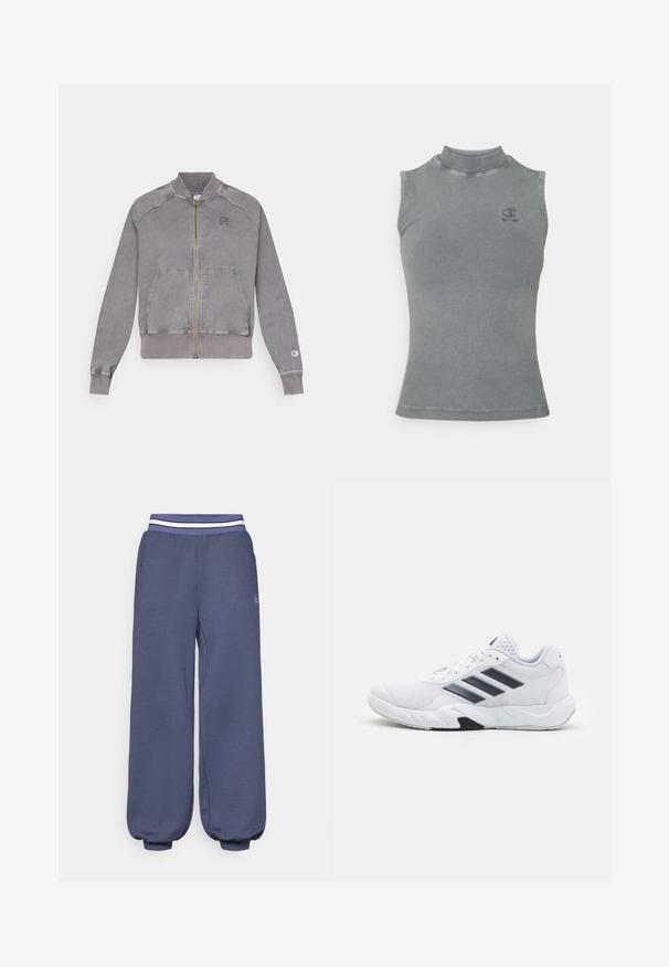 Casaco cinza com fecho éclair, com punhos e barra canelados, apresentando dois bolsos frontais e um pequeno logo no peito. Tecido texturizado com um acabamento desbotado.; Top de malha cinza com decote alto e design sem mangas. Apresenta um pequeno logótipo bordado no peito e uma silhueta ajustada.; Calças de treino azul-marinho com cintura elástica, apresentando riscas brancas. Corte largo com punhos ajustados nos tornozelos e tecido texturizado.; Tênis atlético branco com parte superior em malha, três listras pretas de cada lado, detalhes texturizados e uma sola de borracha resistente com uma seção preta contrastante.