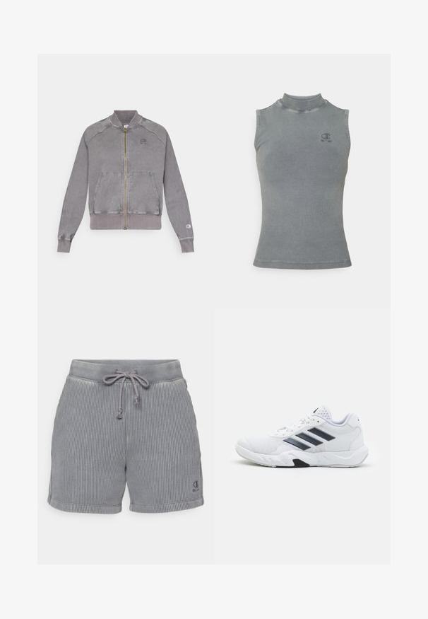 Grå jakke med glidelås, ribbede ermer og nederkant, med to frontlommer og en liten logo på brystet. Strukturert stoff med en falmet finish.; Grå stripet tanktopp med høy hals og ermeløs design. Har en liten brodert logo på brystet og en tettsittende silhuett.; Grå stripete shorts med elastisk midje, snøring og logo-detalj på nedre venstre side. Myk tekstur og uformell design.; Hvit sportsko med mesh-overdel, tre svarte striper på siden, teksturerte detaljer og en solid gummisåle med en kontrasterende svart seksjon.