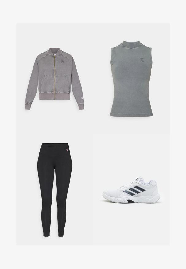 Pilkas zip-up džemperis su raukiniais ant rankovių ir apačios, turintis dvi priekines kišenes ir mažą logotipą ant krūtinės. Tekstūruota medžiaga su nusidėvėjusiu efektu.; Pilka raukšlėta be rankovių marškinėlė su aukštu apykaklės dizainu. Yra mažas siuvinėtasis logotipas ant krūtinės ir prigludusi siluetas.; Juodos aptemptos leginsai su elastinga juosta, kuriuose viršutiniame kairiajame klube yra mažas "Champion" logotipas.; Baltas sportinis batelis su tinklelio viršumi, trimis juodomis juostelėmis šone, tekstūruotais akcentais ir tvirtu guminio pado su kontrastinga juoda dalimi.