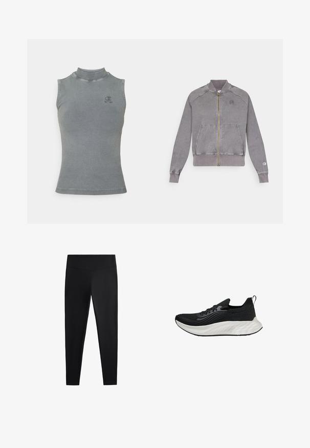 Šedá zipsová bunda s rebrovanými manžetami a lemom, so zameraním na dve predné vrecká a malým logom na hrudi. Textúrovaná tkanina s vyblednutým vzhľadom.; Sivý rebrovaný tielko s vysokým golierom a bezrukávovým dizajnom. Obsahuje malé vyšívané logo na hrudi a priliehavý strih.; Čierne legíny vyrobené z hladkej, elastickej tkaniny. Majú široký pás a zoštíhlený strih nohavíc, vhodné na aktívne alebo príležitostné nosenie.; Čierna športová obuv s textúrovaným zvrškom, bielou polstrovanou podrážkou a nenápadným brandingom. Obsahuje pútko a šnurovanie.