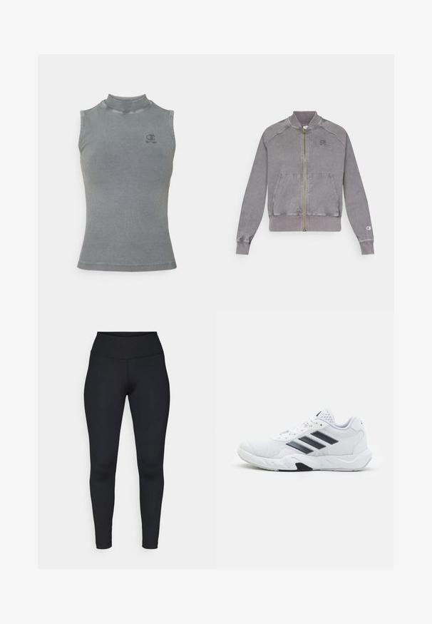 Giacca grigia con zip, con polsini e orlo a costine, dotata di due tasche frontali e un piccolo logo sul petto. Tessuto testurizzato con una finitura sbiadita.; Top in cotone grigio a coste con scollatura alta e senza maniche. Presenta un piccolo logo ricamato sul petto e una silhouette aderente.; Leggings neri realizzati in tessuto elasticizzato, con vita alta, texture liscia e cuciture pulite senza modelli o elementi metallici visibili.; Scarpa sportiva bianca con tomaia in mesh, tre strisce nere sui lati, dettagli testurizzati e una suola in gomma robusta con una sezione nera a contrasto.
