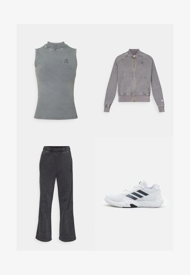 Szürke cipzáras dzseki bordázott mandzsettákkal és hem eljárással, két elülső zsebbel és egy kis logóval a mellrészen. Texturált anyag megkopott felülettel.; Szürke bordás ujjatlan póló magas nyakkivágással. Az elején egy kis hímzett logó található, és testhezálló szabású.; Sötétszürke, puha anyagú, bővülő fazonú melegítőnadrág. Rugalmas derékpánttal és hímezett logóval a szijnen.; Fehér sportcipő, hálós felsőrésszel, az oldalon három fekete csíkkal, textúrázott részletekkel és egy tartós gumi talppal, amelynek ellentétes fekete szakasza van.