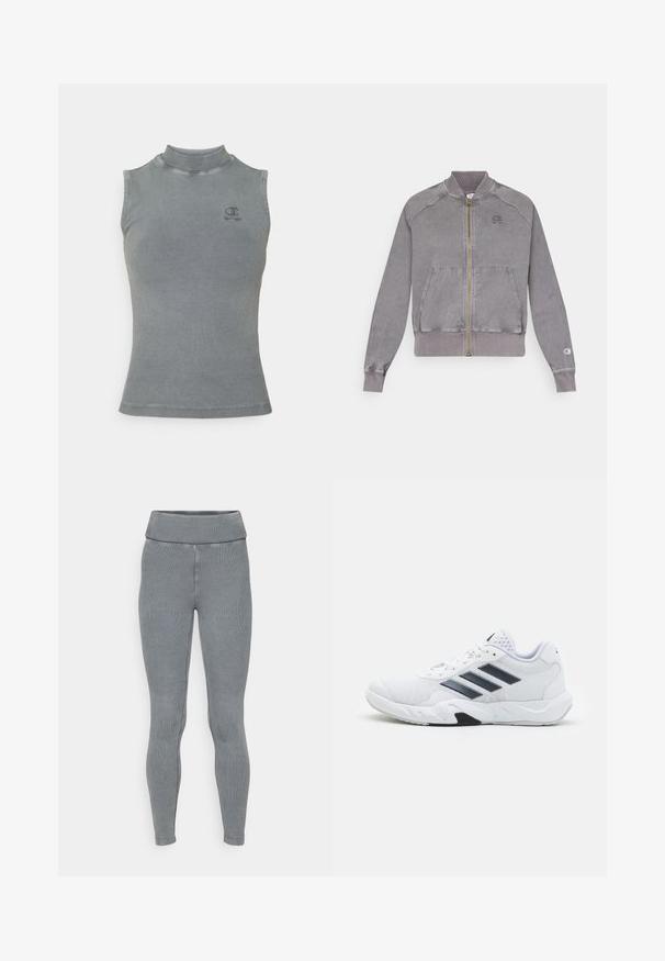 Siva zadrževala jakna z ribastimi manšetami in robom, z dvema sprednjima žepoma in majhnim logotipom na prsi. Teksturni material z izblujenim zaključkom.; Siv vrhnji top brez rokavov z visokim ovratnikom. Ima majhen izvezen logo na prsih in prilegajočo se silhueto.; Sive pasprašene legging hlače z širokim, elastičnim pasom in oprijetim krojem. Narejene so iz elastičnega materiala z gladko teksturo.; Bela atletska čevlja z mrežastim zgornjim delom, tremi črnimi črtami na strani, teksturiranimi dodatki in trdim gumijastim podplatom z kontrastnim črnim delom.