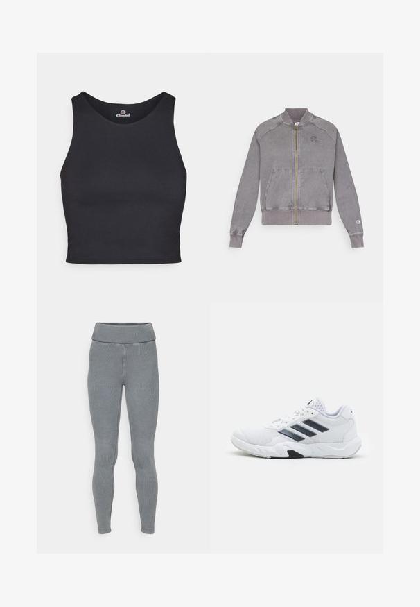 Veste zippée grise avec des poignets et un ourlet côtelés, présentant deux poches avant et un petit logo sur la poitrine. Tissu texturé avec une finition délavée.; Top court noir fabriqué en tissu lisse et extensible, avec un col rond et de larges bretelles. Ne comporte aucun logo ni embellissement visible.; Leggings grisà rayures avec une large ceinture élastique et une coupe fuselée. Fabriqués en matériau extensible avec une texture lisse.; Baskets blanches avec une tige en maille, trois rayures noires sur le côté, des accents texturés et une semelle en caoutchouc robuste avec une section noire contrastante.