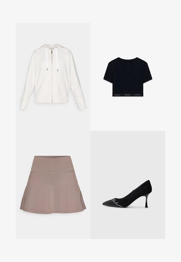 Gaiši pelēks kapuces džemperis ar rāvējslēdzēju, kas izgatavots no mīksta auduma, iekļaujot kapuci, baltus auklas ar logotipu un ribinātas piedurknes un apakšmali.; Melnas īsās piedurknes krekls no mīksta auduma ar apaļu kakla izgriezumu. Apakšmalā ir zīmola josla ar uzrakstu "GUESS JEANS" baltā krāsā.; Gaiši brūns izplešams svārks, izgatavots no gludas, elastīgas auduma ar plašu jostas daļu un gludiem šuvēm. Nav redzamu rakstu vai detaļu.; Melnas ādas augstpapēžu kurpes ar smailo purngalu, izrotātu rāmi un kristāla detaļām pie purngala, ar elegantu, slaidu papēdi.