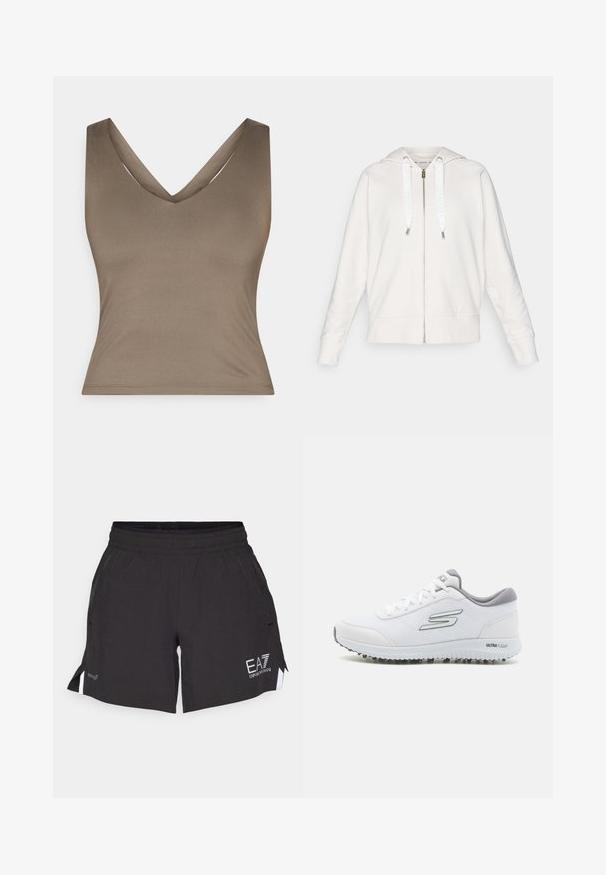 Svetlo siva zip-up kapuca iz mehkega materiala, s kapuco, belimi vrvicami z logotipom ter rebrastimi manžetami in robom.; Rjava, brezrokavni top z globokim V-izrezom, izdelan iz gladkega materiala. Ima prilegajočo silhueto in čiste, minimalistične šive.; Črne športne kratke hlače z elastičnim pasom, stranskimi žepi in belimi logotipnimi akcenti. Imajo razcepljen rob za večjo gibljivost.; Bele športne čevlje z teksturirano mrežasto zgornjim delom, srebrnimi poudarki in lahkotnim podplatom, ki ima majhne protisklizne konice, označeni z "ULTRA FLIGHT."