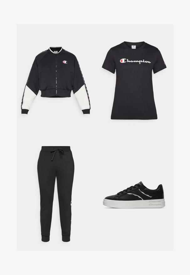 Champion - Bluza rozpinana; Czarna bawełniana koszulka z krótkim rękawem, okrągłym dekoltem oraz dużym białym logo "Champion" z czerwonym akcentem na lewej piersi.; Czarne zwężane spodnie dresowe z elastycznym paskiem, wykonane z miękkiego materiału. Posiadają ściągacze na końcach nogawek oraz nadrukowane logo z boku.; Czarne skórzane sneakersy z białą podeszwą, z cienkimi srebrnymi akcentami i sznurowanym zapięciem. Gładka tekstura z markowym detalem na pięcie.