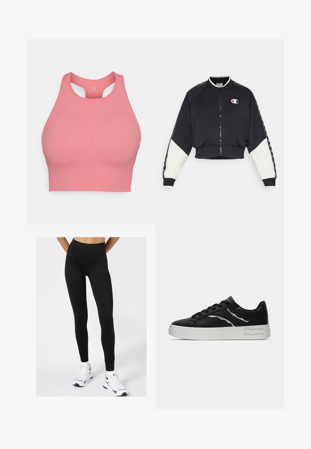 Champion SPORT HERITAGE FULL ZIP - Zip-up sweatshirt - black; Pink ribbed sports bra with a high neckline and racerback design. Made of stretch fabric for comfort and support. No visible hardware.; Black high-waisted leggings made of stretchy fabric, featuring a smooth texture and subtle logo detail, paired with white athletic shoes.; Black leather sneaker with white sole, featuring thin silver accents and lace-up design. Smooth texture with branded detailing on the heel.