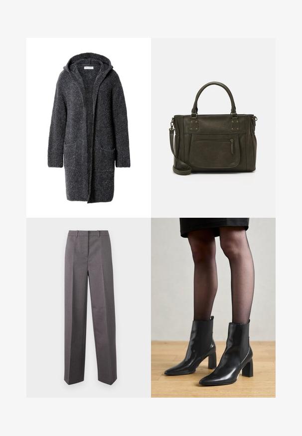 Cardigan long à capuche gris foncé avec deux poches avant, fabriqué en tissu doux, texturé et duveteux.; Blouse blanche à manches longues avec un col classique, fermeture à boutons sur le devant et détail froncé sur le côté. Tissu lisse avec une coupe ajustée.; Pantalon tailleur gris en tissu texturé, avec une coupe droite, un devant plat et des passants de ceinture.; Bottines en cuir noir avec un bout pointu, un talon carré épais et un design élégant. Présente des panneaux latéraux élastiques pour un enfilage facile.; Anna Field Sac à main - dark green; Boucle d'oreille en argent avec une finition polie, présentant de petits détails en or et de forme ronde, portée sur le lobe.