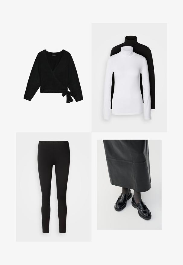 Čierny obojstranný sveter z mäkkého materiálu. Má hlboký výstrih do V, dlhé rukávy a bočný viazací detail pre nastaviteľné nosenie.; Dvoje dlhých rolákov, jeden biely a jeden čierny, vyrobených z hladkej, elastickej tkaniny, obidva so slim-fit strihom a vysokými goliermi.; Čierne legíny vyrobené z elastického materiálu, s bezšvovým pásom, priliehavým strihom a hladkou textúrou, vhodné na rôzne aktivity.; Čierne kožené poltopánky s hladkým povrchom, s dekoratívnym pásikom, okrúhlou špičkou a textúrovanou podrážkou. Nosené s dlhou čiernou koženou sukňou.
