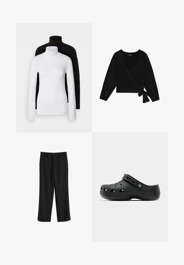 Czarny sweter zawiązywany, wykonany z miękkiego materiału. Charakteryzuje się głębokim dekoltem w kształcie V, długimi rękawami oraz szczegółem w postaci zapięcia na boku dla regulowanego dopasowania.; Dwa długie topy z kołnierzem typu golf, jeden biały, a drugi czarny, wykonane z gładkiego, elastycznego materiału, oba o dopasowanym kroju i wysokich kołnierzach.; Czarne spodnie z gładkiego materiału, z prostymi nogawkami i płaskimi kieszeniami z przodu. Posiadają pasek z szlufkami. Brak widocznych wzorów.; Czarne gumowe klapki z otworami wentylacyjnymi, podwyższonym obcasem, paskiem z tyłu i teksturowaną podeszwą. Gładkie wykończenie o minimalistycznym designie.
