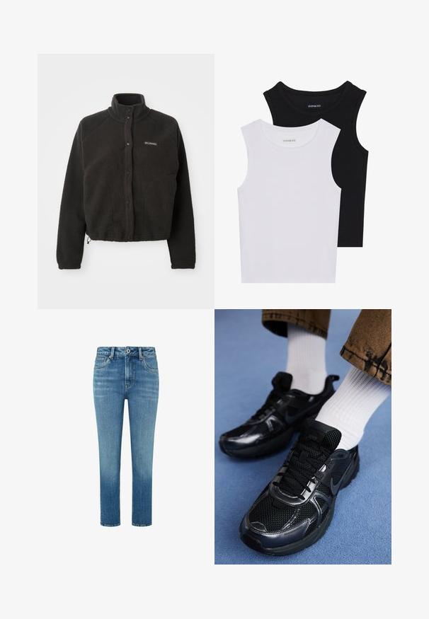 Črna flis jakna z visokim ovratnikom, pritisnimi gumbi in teksturirano tkanino. Ima raglan rokave in prilagodljiv spodnji del za udobno prileganje.; Dve brezrokavne majice v črni in beli barvi, izdelane iz rebrastega bombaža, z okroglimi izrezi in prilegajočim oblikovanjem. Oznake so vidne na obeh.; Svijetloplave traperice ravnog kroja s pet džepova i patentnim zatvaračem. Imaju kontrastno šivanje i blago izblijedjeli izgled.; Črni Nike supergi z mrežasto in sintetično, teksturirano zgornjo plastjo, črnimi vezalkami in trpežnimi gumijastimi podplati. Vidne bele rebraste nogavice.