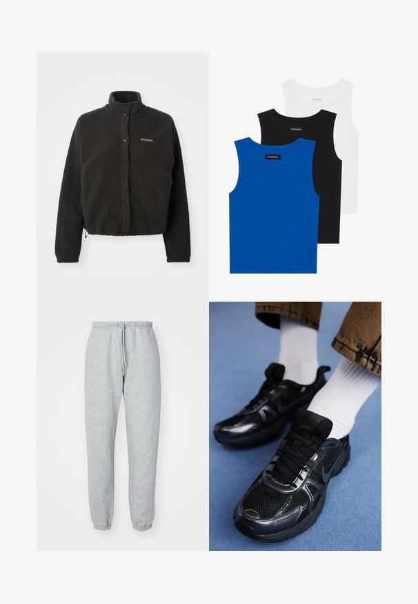 Black fleece jacket with a high collar, snap buttons, and textured fabric. Features raglan sleeves and an adjustable hem for a snug fit.; Three sleeveless shirts in blue, black, and white. The fabric is ribbed with a round neckline. Each shirt has a tag labeled “even&odd.”; Gray sweatpants made of soft, textured fabric. Features an elastic waistband with drawstring, tapered ankles, and no visible patterns or logos.; Black Nike sneakers with mesh and synthetic material, featuring a textured upper, black laces, and durable rubber soles. White ribbed socks visible.