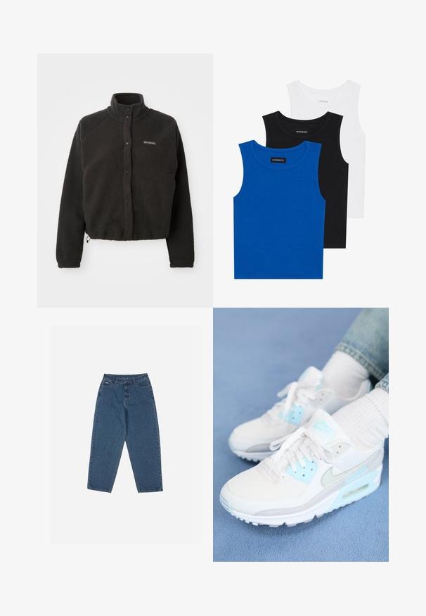 Jachetă din fleece neagră cu guler înalt, nasturi cu capsenă și material texturat. Prezintă mâneci raglan și un tiv ajustabil pentru o potrivire confortabilă.; Trei tricouri fără mâneci, în culorile albastru, negru și alb. Materialul este texturat, cu un decolteu rotund. Fiecare tricou are un eticheta pe care scrie "even&odd."; Jeans din denim albastru cu o croială relaxată, talie înaltă, design cu cinci buzunare și accente cusute. Dispune de un sistem de închidere cu buton și fermoar.; Nike Sportswear AIR MAX 90 - Sneakers low - white/light silver/glacier blue/wolf grey/summit white/photon dust