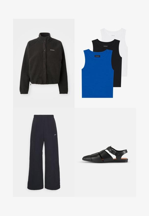 Melnas vilnas jaka ar augstu apkakli, pogām ar spiedpogu un teksturētu audumu. Iespējas raglanu piedurknes un regulējamu apakšmalu ciešai piegulšanai.; Trīs bezpiedurkņu krekli zilā, melnā un baltā krāsā. Audums ir ribots ar apaļu kakla izgriezumu. Katram kreklam ir birka ar uzrakstu "even&odd."; Melnas platās bikses ar elastīgu jostu un mazu baltu Nike logo. Audumam ir gluda tekstūra, kas paredzēta ērtībai un ikdienas valkāšanai.; Melnas ādas sandales ar norādītu pirkstu un atvērtu papēdi. Iespējas plašas siksnas ar sprādzi un plakanu zoli. Gluda tekstūra, minimālisma dizains.