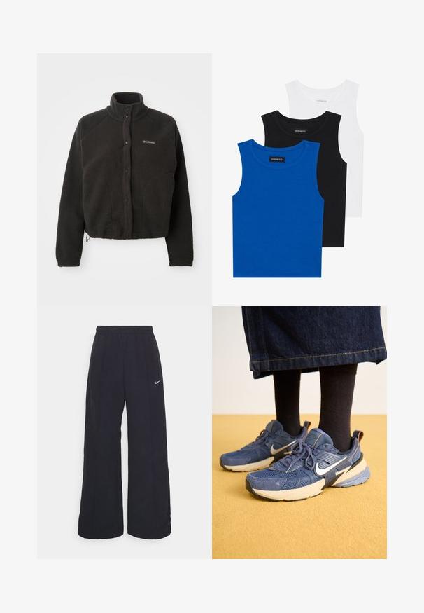 Schwarze Fleecejacke mit hohem Kragen, Druckknöpfen und strukturiertem Material. Sie verfügt über Raglanärmel und einen verstellbaren Saum für eine enge Passform.; Drei ärmellose Hemden in Blau, Schwarz und Weiß. Der Stoff ist gerippt und hat einen runden Ausschnitt. Jedes Hemd hat ein Etikett mit der Aufschrift "even&odd".; Schwarze weit geschnittene Hosen mit einem elastischen Bund und einem kleinen weißen Nike-Logo. Der Stoff hat eine glatte Textur und ist für Komfort und lässiges Tragen konzipiert.; Marineblaue Sportschuhe mit einem Obermaterial aus Mesh und Wildleder, weißem Logo und geschichteter Sohle. Getragen mit dunklen Socken und einem Jeansrock.